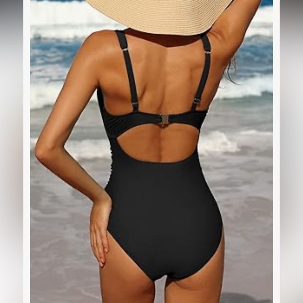 NWT CHARMO UPF 50+ Ruched Front Tummy Conteol Black One-Piece Swimsuit Medium - Picture 9 of 16